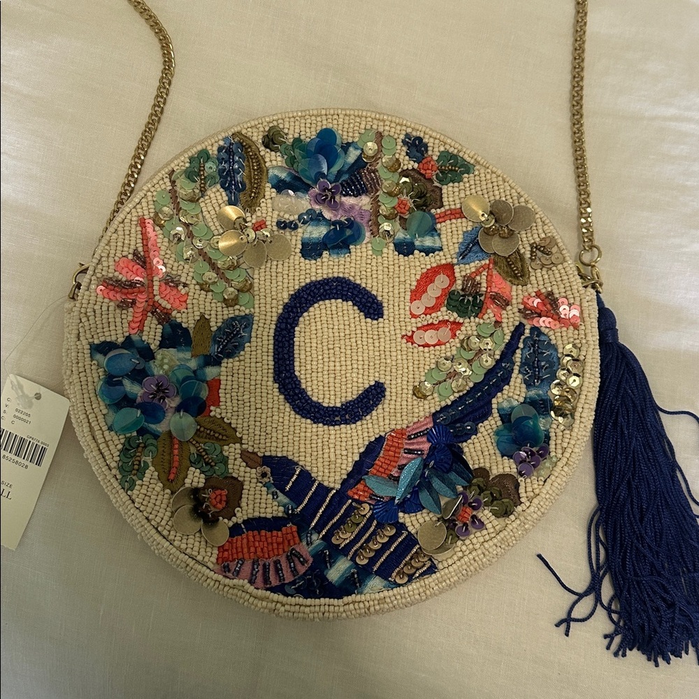 Anthropologie Embroidered Round Beaded Bag with Gold Chain - Picture 2 of 4